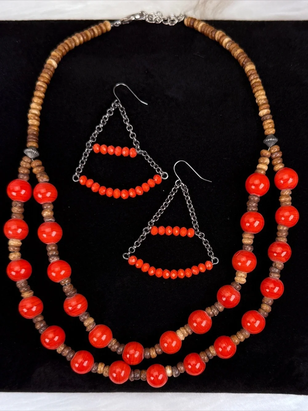 Bohemian chic, orange gunmetal necklace and pierced earring set